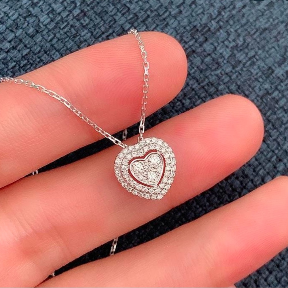 Delicate Silver Toned Heart Necklace with Sparkling Stones